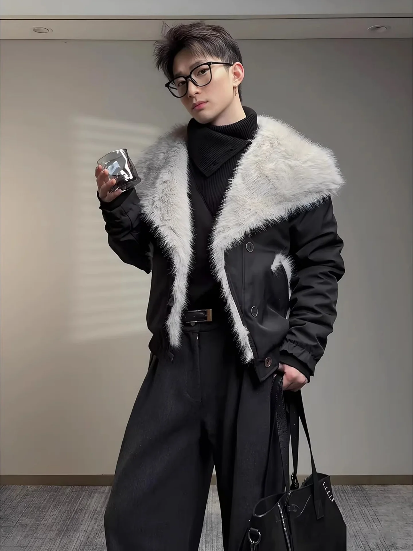 

Bla Fur Lined Bomber Jaet Winter Thiened Cotton Outerwear Men's Sle Pasture Life Silver Bule Closure Zipper