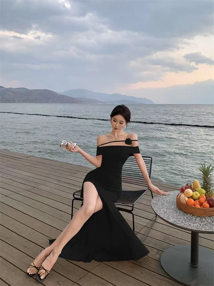 فستان مثير للحفلات على شاطئ البحر بدون حمالات على شكل زهرة للنساء أنيق بخصر نحيف وفتحة مكشوفة الأكتاف فستان أنيق برقبة مائلة باللون الأحمر #6