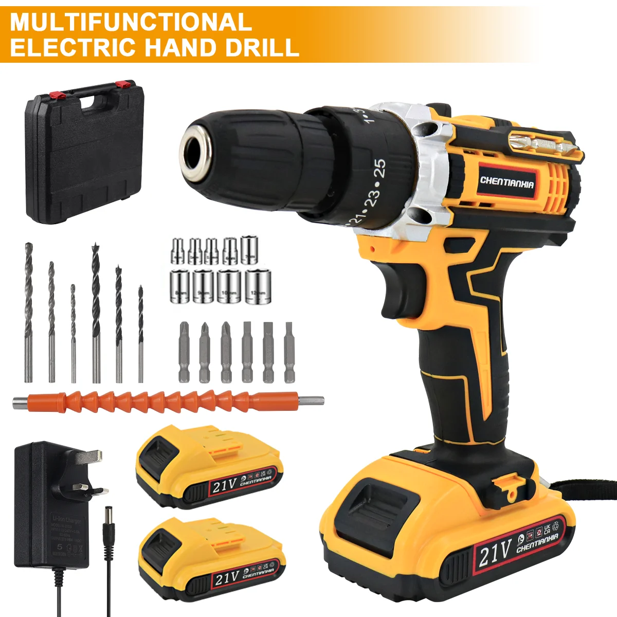 2 Battery 21V Cordless Hammer Drill Driver High Power Electric Screwdriver Set High Power Electric Screwdriver W/ Case