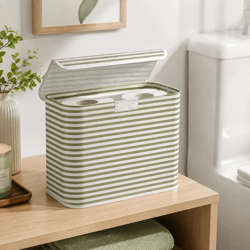 Minimalist Foldable Toilet Paper Holder With Lid Stripe Printed Bathroom Tissue Box Space-Saving Storage Basket Home view 3