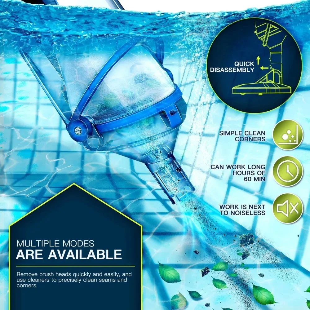 Customizable Cordless Handheld Pool Vacuum for Above Ground Pool with 18 Gal/Min Suction, 60 Min Run Time, Rechargeable Pool Cle