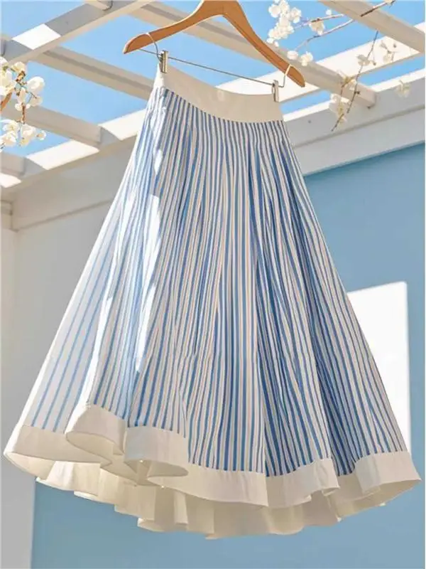 

Outlet Super Fairy Blue Striped ter Ne Dr Женская корейская юбка трапециевидной формы с высокой талией Юбка-миди для похудения