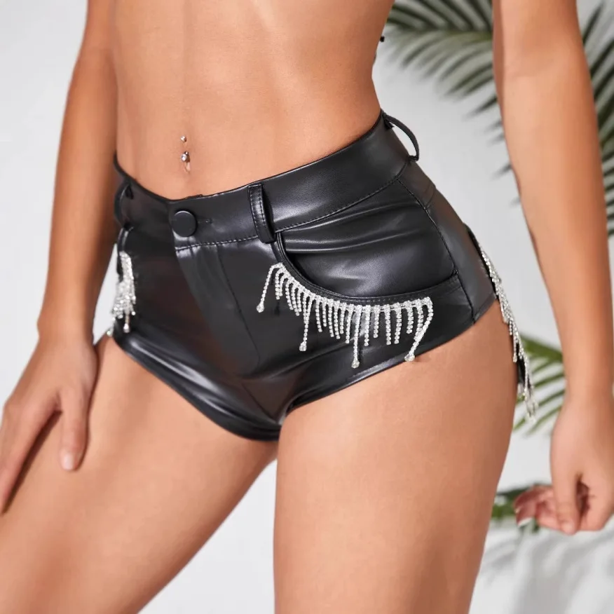 Women's Fringed Crystal High Waist Sexy PU Leather Shorts Fashion Booty Shorts