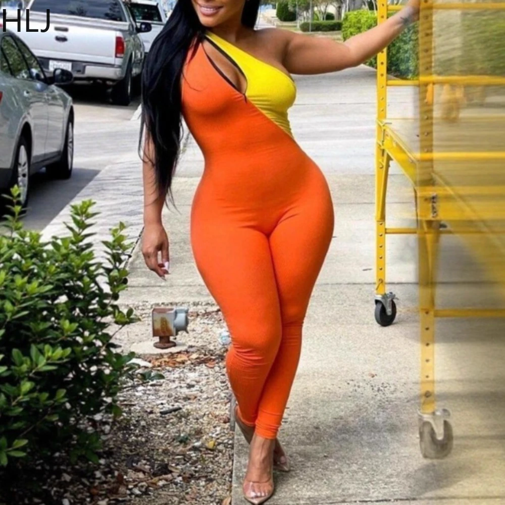 

HLJ Sexy Sports Patchwork Jumpsuits for Women Color Block Off Showlder Backless Rompers Female Streetwear Overalls 2025 New
