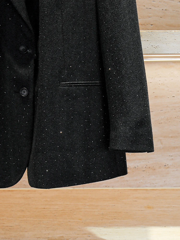 S Home South Oil High End Women's Autumn Winter Hepburn Sle Suiting Woolen Coat with Diamond Heat Treaent Stripes