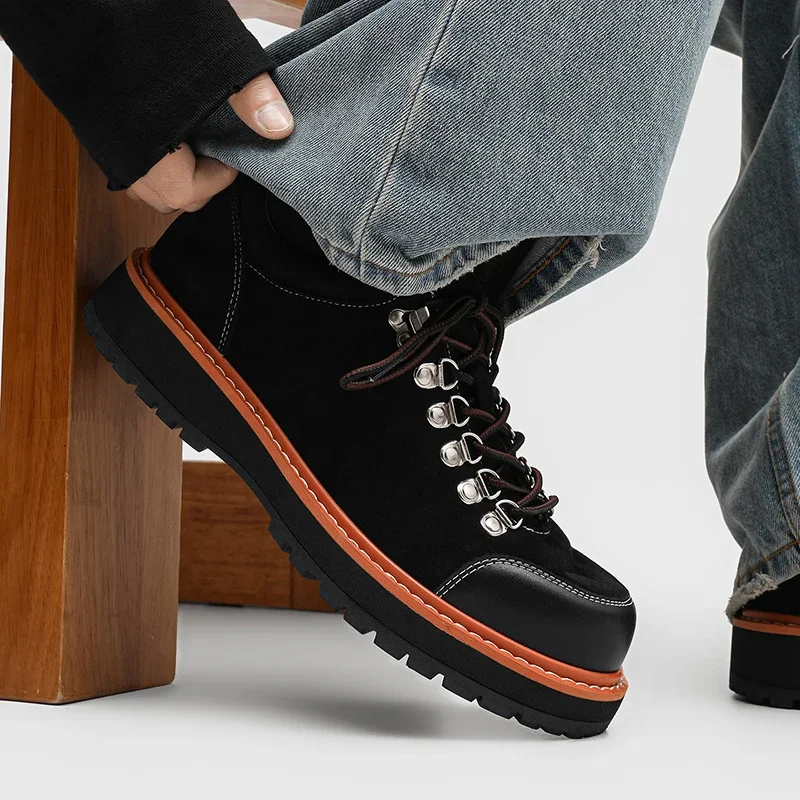 Men Punk High Platform Ankle Boots Black Glossy Upper Round Toe Lace Up Chunky Lug Sole Gothic Streetwear Boots