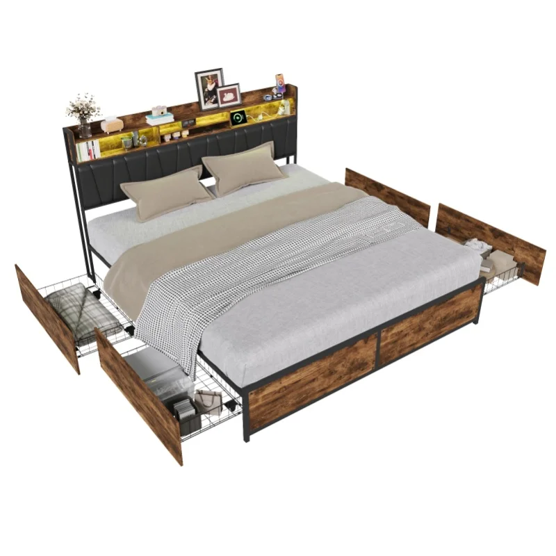Metallbett 140 x 200 cm mit LED-Beleuchtung und Ladestation, Bettgestell mit Stauraum, Doppelbett mit 4 Schubladen, USB-A & USB-C Jugendbett mit Metall-Lattenrost, Betten für das Schlafzimmer, ohne