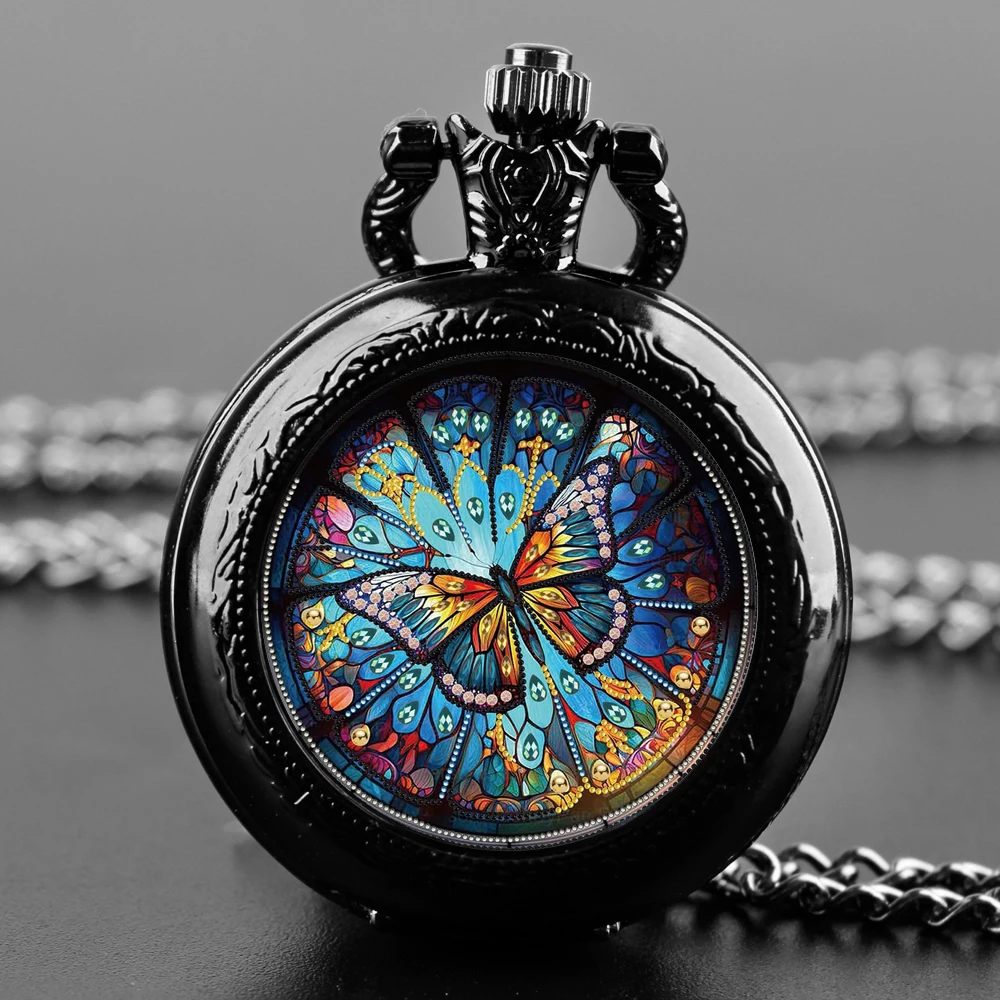 Reloj de bolsillo de cuarzo redondo con parche de vidrio creativo de mariposa de perlas, reloj de bolsillo de cuarzo de moda para hombres con cadena, cumpleaños único Gi