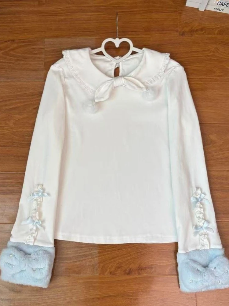 Lolita Sweet T Shirts Long Sleeve Peter Pan Collar Bow Lace Patchwork Tops Fashion Kawaii Tees Design All Match Women's Clothing