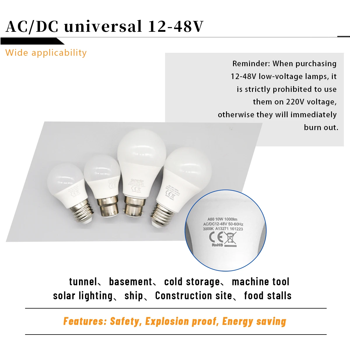 10 Buah Lampu LED AC/DC 12V 24V 36V 48V Lampu LED E27 B22 3W 5W 10W Bombilla Lampu LED Tekanan Rendah Untuk Kapal