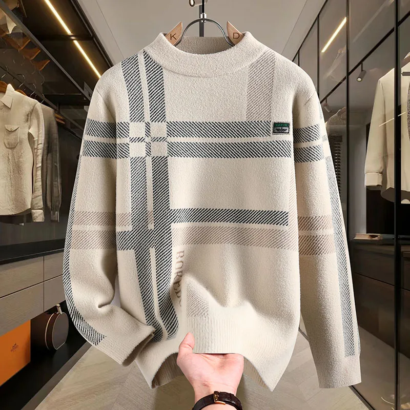 2024 New Autumn Winter High End Mink Cashmere Sweater Men Fashion Slim Fit Pullover Korean Soft Handsome Striped Sweaters Jumper