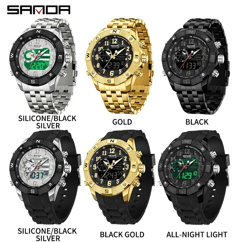 SANDA Top Men's Military Sport Quartz Watch Waterproof LED Digital Clock Stainless Steel Wristwatch