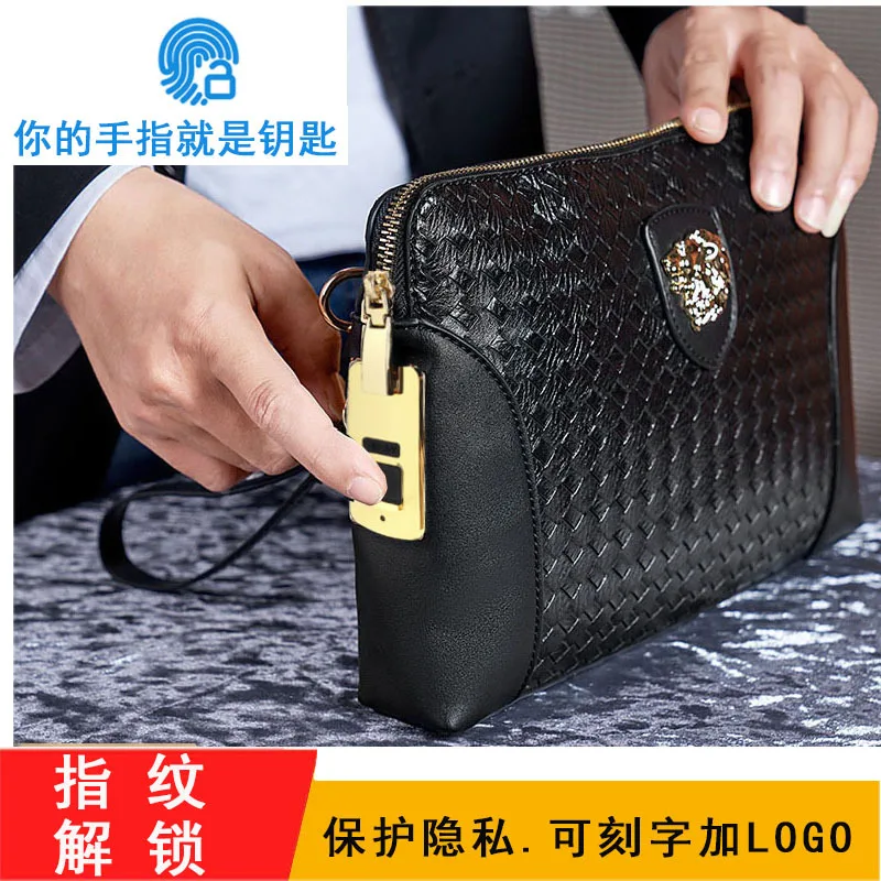 Lock Luxury Men Bag Large Capacity Business Men's Genuine Leather Handheld Luxury Woven Clutch Portable Fingerprint Unlock