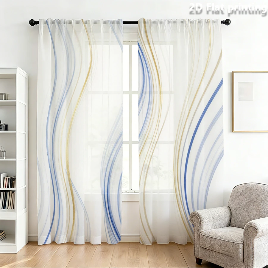 2PCS Digital Print Sheer Curtain, Blue Gold Curve, Modern Minimalist Window Curtains for Living Room Bedroom Home Decor