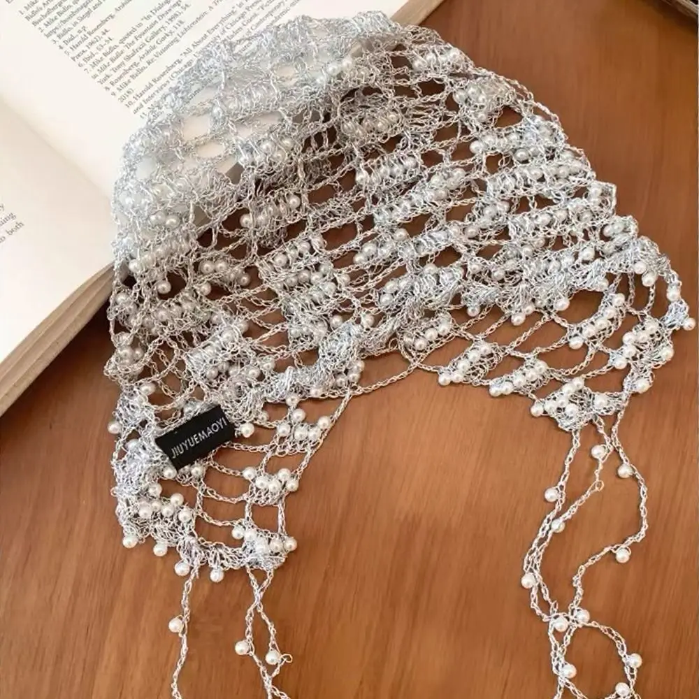 Stylish Handmade Beaded Hat Metal Chain Pearl Beaded Hollow out Slouch Cap Openwork Tassel Head Chain Daily Outfit