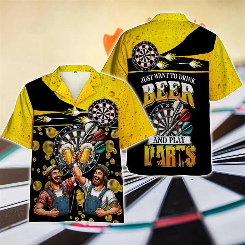 Beer Darts Graphic Short Sleeve Shirts For Men Clothes Casual Bar Party Lapel Blouse Dart Club Button Shirt Sport Team Male Tops