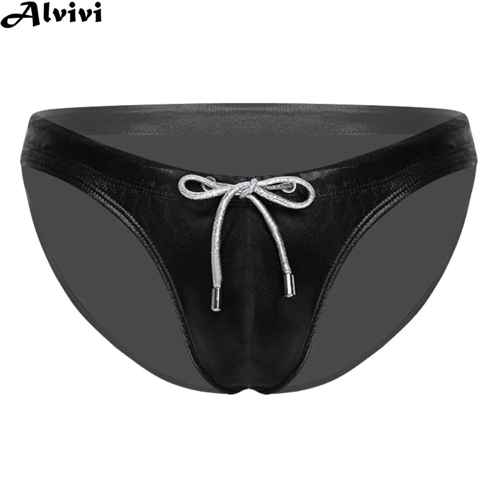 Men Metallic Shiny Briefs Bikini Swimwear Beachwear Sexy Low Rise Drawstring Bulge Pouch Panties Clubwear Underwear Nightwear