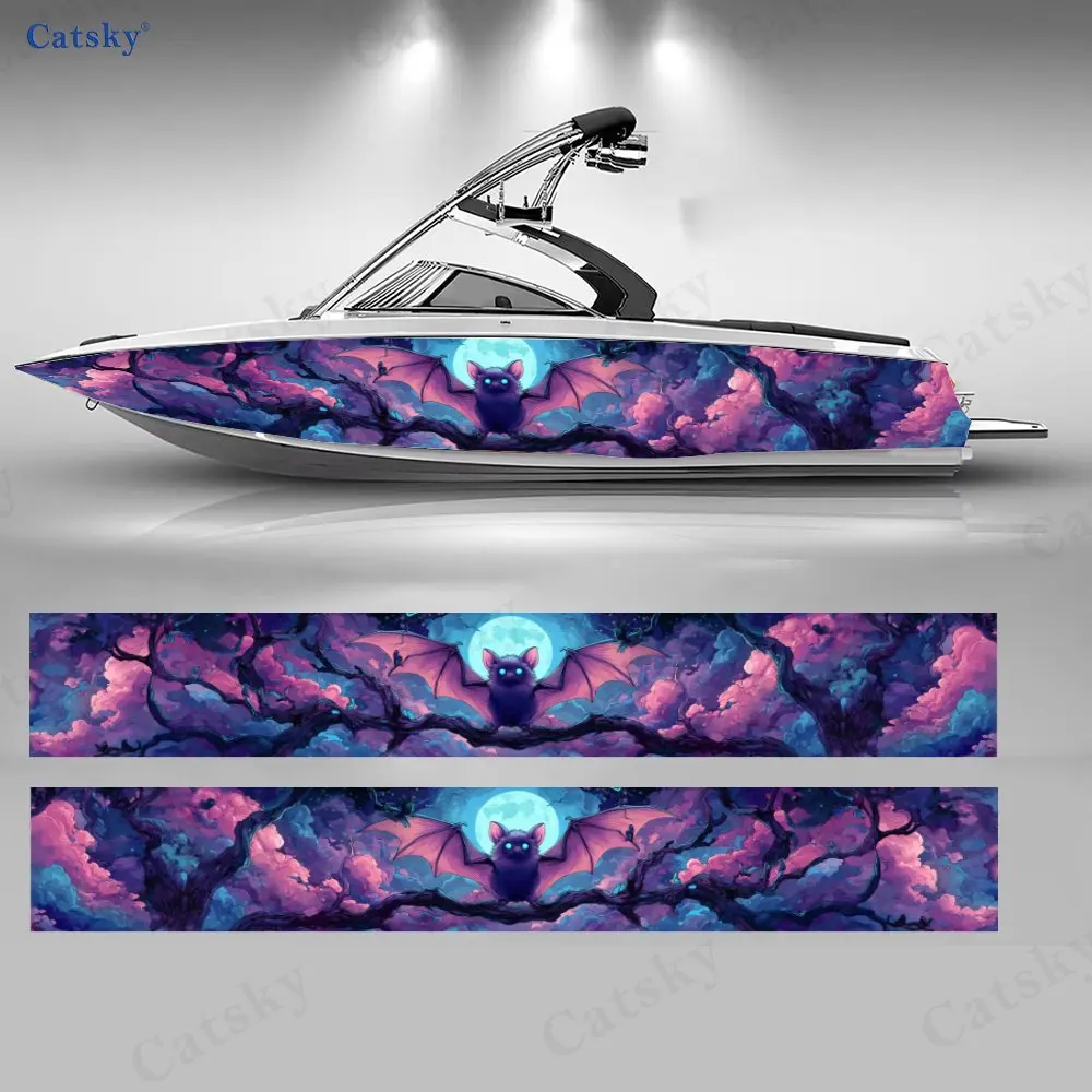 Purple Night Bat Full Moon Boat Stickers, PVC Waterproof Durable Vinyl Wrap Decals for Fishing Boats, Durable and Stylish Design