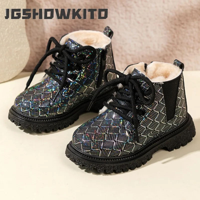 JGSHOWKITO Winter Children Ankle Boots Luxury Sequins Girls Cotton Boots Princess Thick Bottom Non-slip Kids Warm Plush Boots