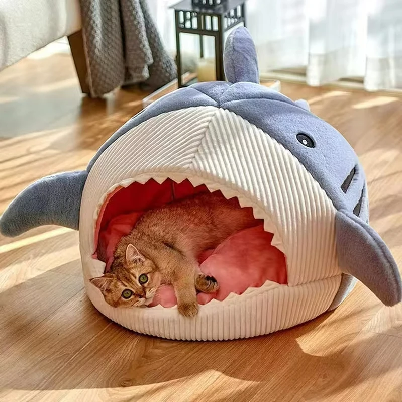 Plush Cat Tent House Cartoon Mat Shark-shaped Kennel Kitten Bed Hideout House Warm Soft Comfortable Semi-closed Cat Dog Nest