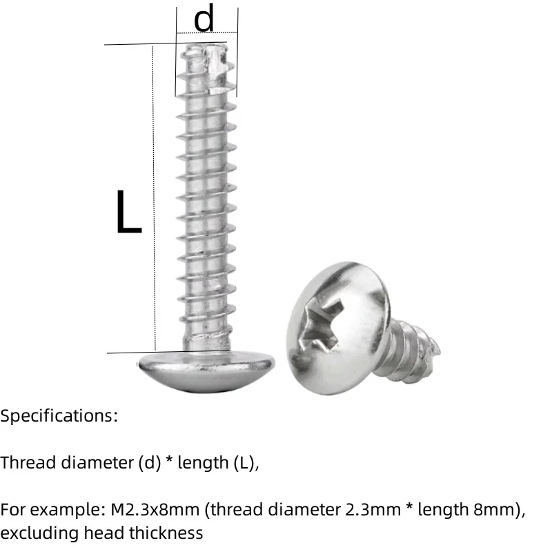 304 Stainless Steel Cross Pan Head Self Tapping Screws Cutting Tail Phillips Round Head Fastener M2 to M5