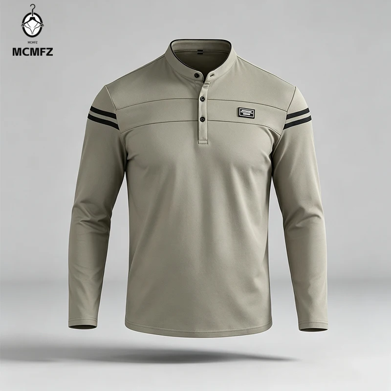 Male Urban Long Sleeve Polo Shirt Stand Collar Striped Decal For City Commute And Daily Street Leisure Matching Look view 2