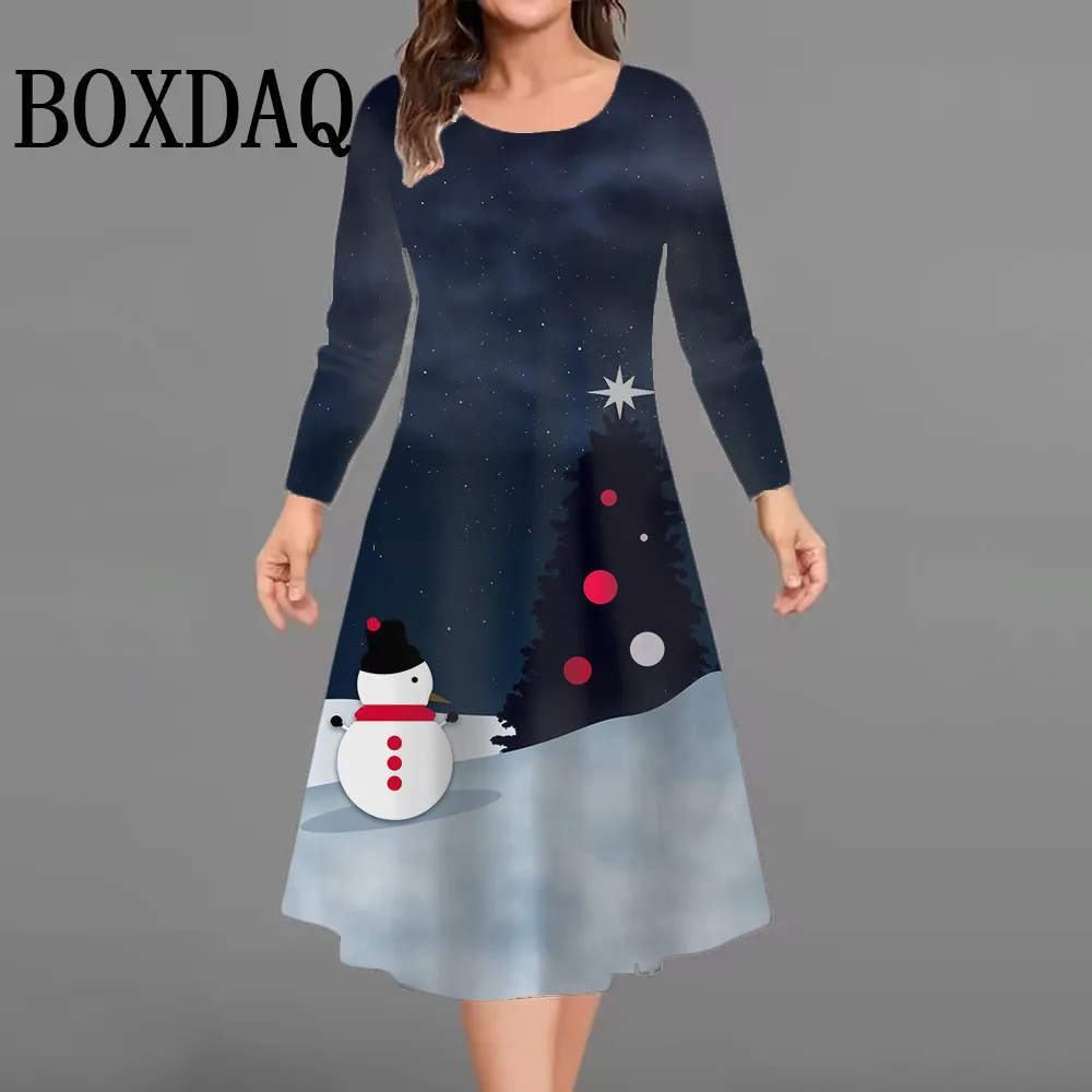 حجم كبير فستان المرأة شجرة عيد الميلاد طويلة الأكمام س الرقبة عيد الميلاد ثلج ثلاثية الأبعاد مطبوعة فستان فضفاض غير رسمي Vestidos امرأة الملابس الشتوية