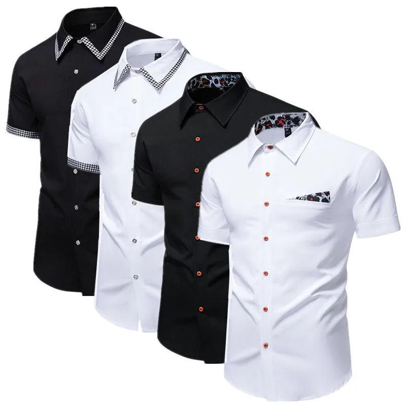 Men's White Business Casual Short Sleeved Shirt, One Breasted Lapel Collar Tops, Mens Trendy Patchwork Office Shirts