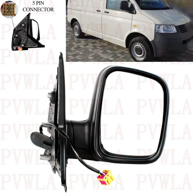 Image of Rechte Fahrseite, 5-poliger Rückspiegel für VW Transporter T5 2004 2005 2006 2007 2008 2009, satinierte schwarze beheizte Spiegelbaugruppe