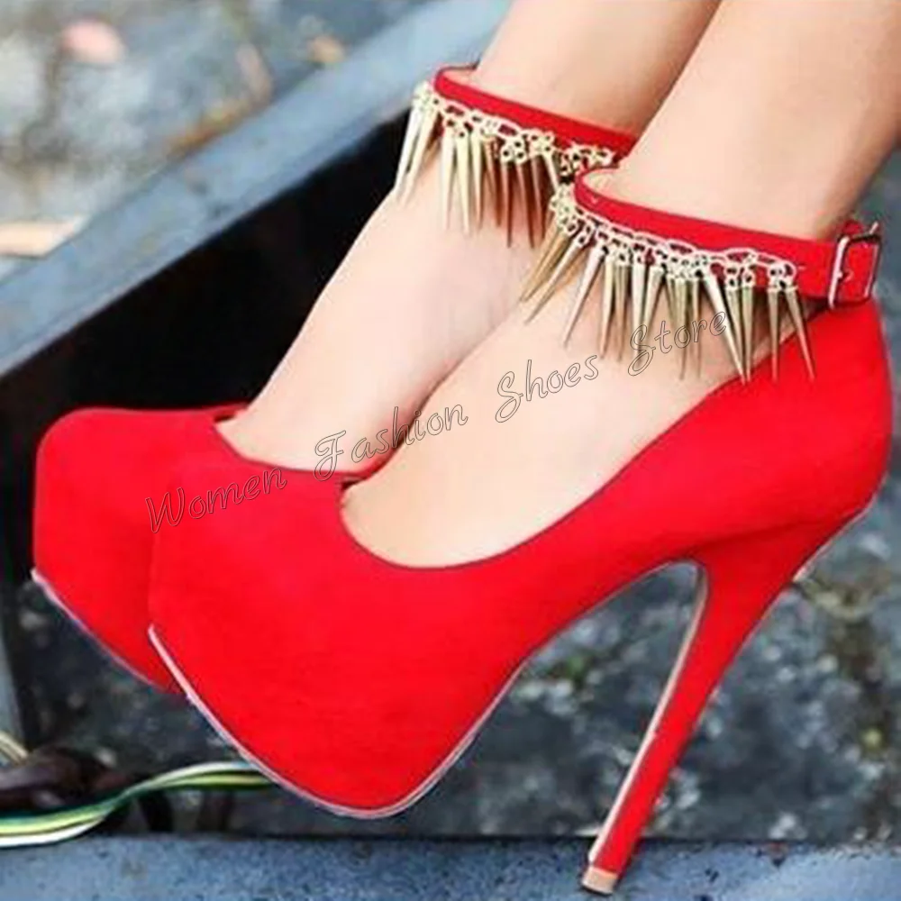 

Red Platform Ankle Strap Rivet Decor Pumps Stilettos High Heels High Heel Shoes for Women Heels 2024 New Zapatos Para Mujere