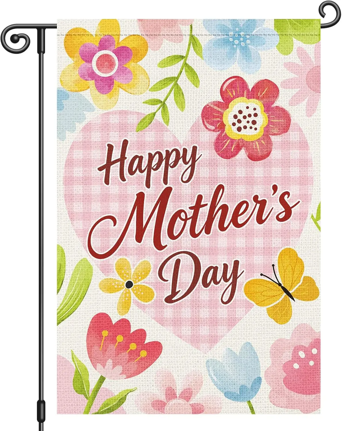 Heyfibro Happy Mother's Day Garden Flag 12x18 Inch Double Sided Floral Small House Flag for Outside Porch Yard Front Doo AAS