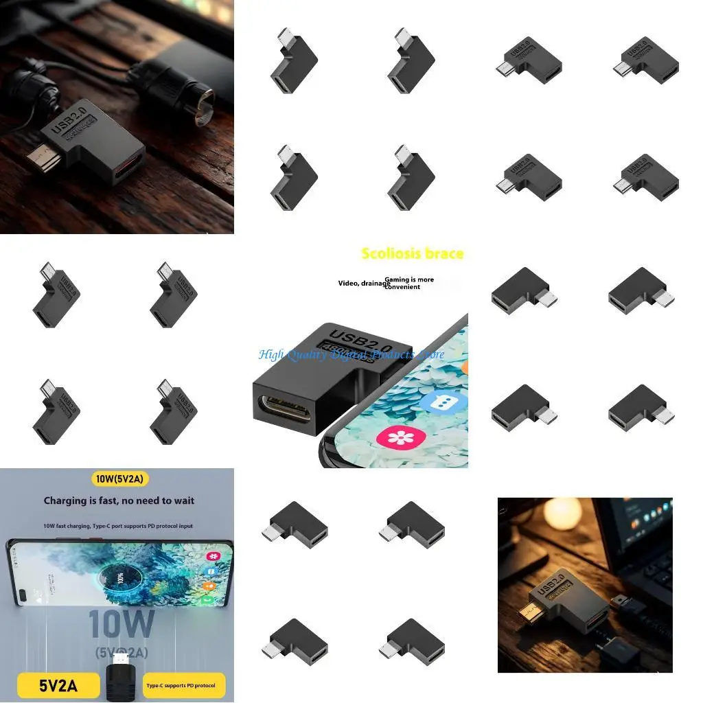 

U2JE Set of 4 USB C to USB 90 Degree Angled Adapter Fast Charging 2A 480Mbps Data Transfer Converter Metal ABS Texture