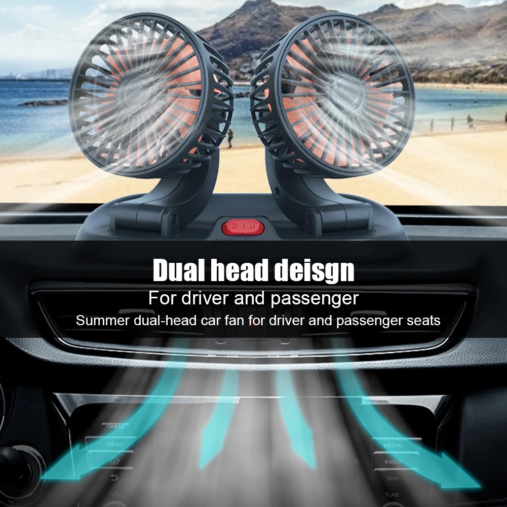 

5/12/24V Automobile Vehicle Fan Dual Head Mini Electric Car Fan 360 Rotatable 2 Speed USB for Car Truck SUV RV Cranes