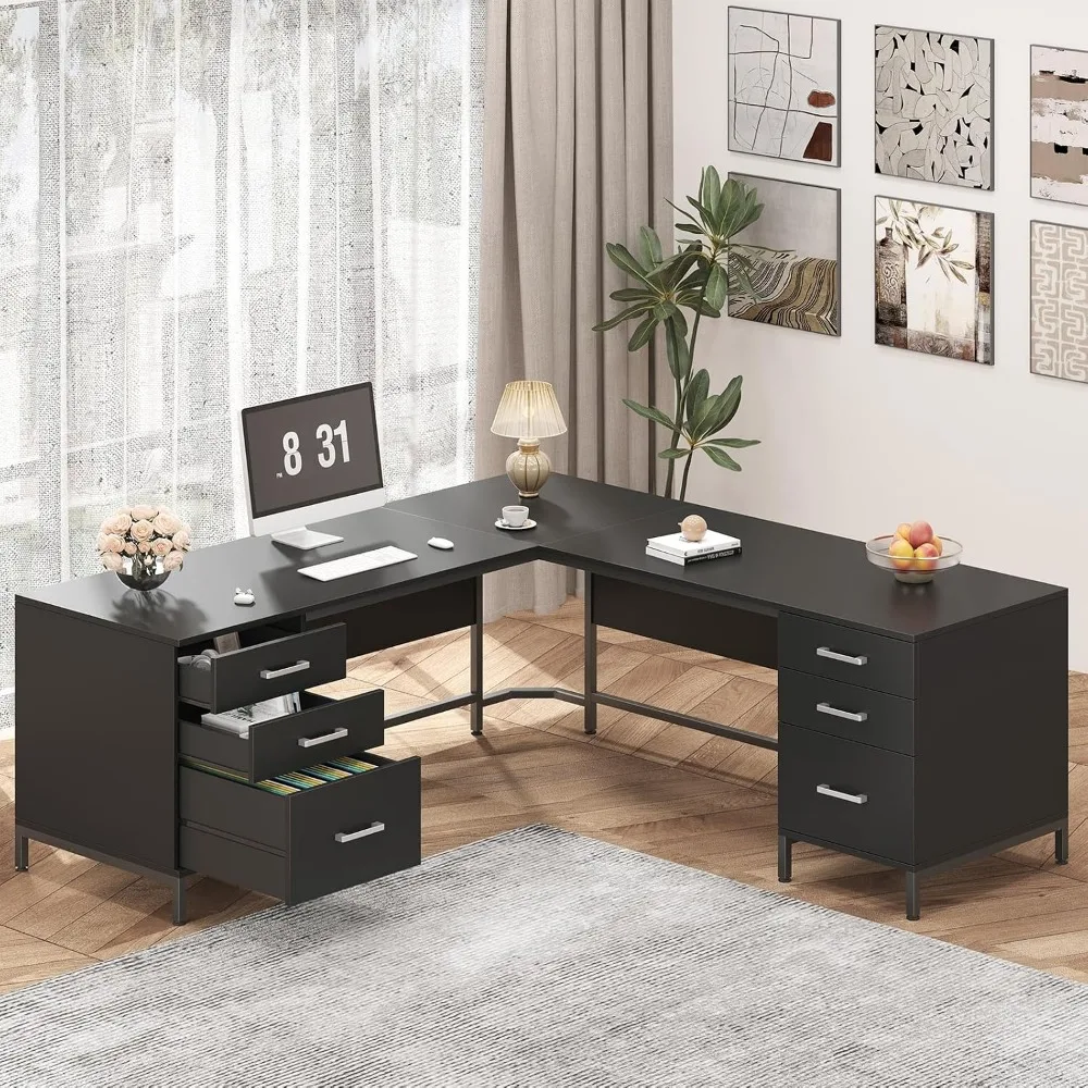 TVU 59’‘ L Shaped Desk with 6 Wood Drawers, Large Home Office Corner Computer Desk with Storage File Cabinet, Modern Metal Wood Desk for Executive Writing Study Workstation, Black