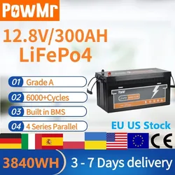 PowMr 12.8V 300Ah LiFePO4 Battery BMS Capacity 6000+ Cycle Grade A Cells Home Solar Energy Storage System 3840WH Lithium Battery