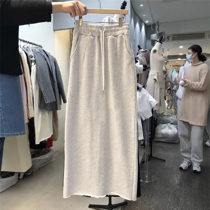 Women Korean Style Spring Autumn Solid Color Split Skirt Drawstring Elastic Waist Versatile Midi Casual Fashion Skirt