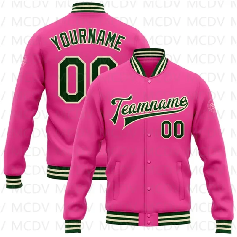 

Custom Pink Green-Or Bomber Full-Snap Varsity Letterman Jacket