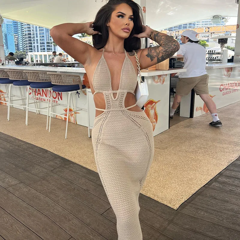 

Crochet Halter Sexy Slim Maxi Dress Hollow Out Bandage Stitching Sleeveless Backless Robe 2023 Summer Party Outfit Streetwear