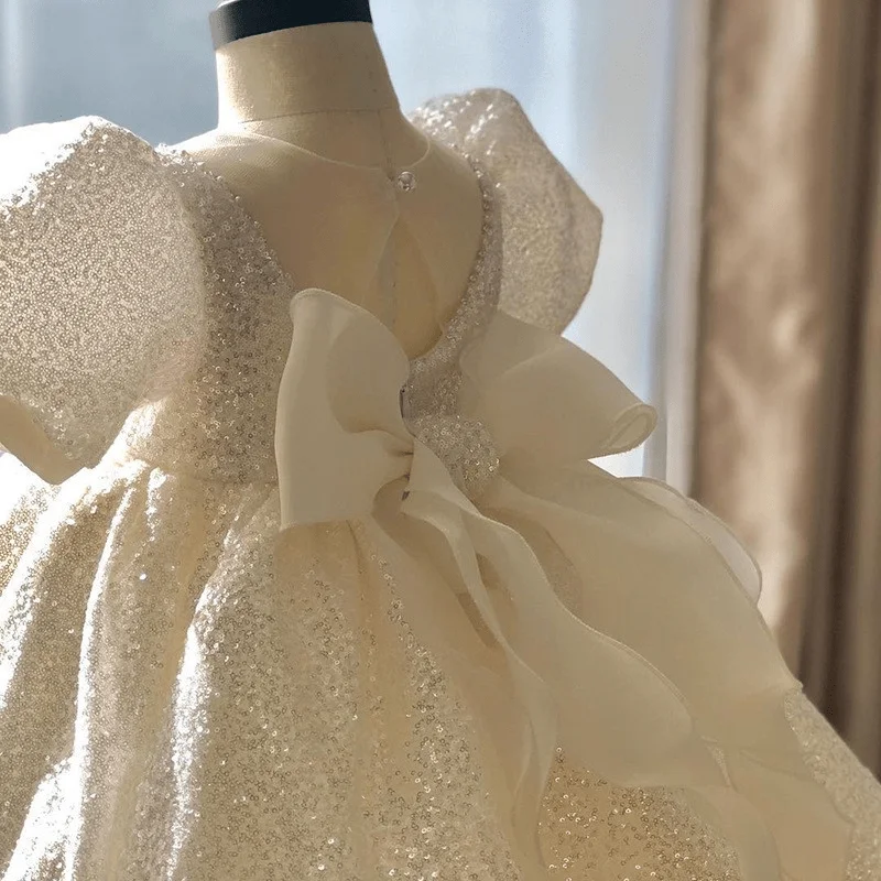 Baby Girl Princess Sequin Tutu Dress Infant Toddler Child Vintage Bow Vestido Party Birthday Ball Gown Pageant Baby Frock 1-14Y