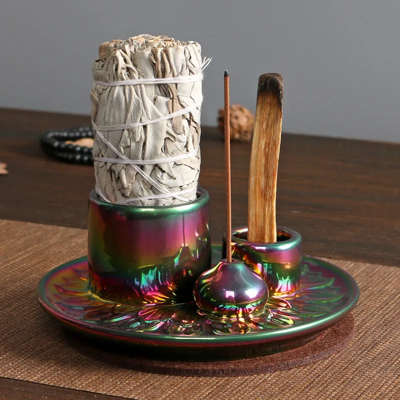 Portavelas de Color galvanizado, quemador de incienso de Palo Santo, soporte de salvia para palos, quemador multifuncional