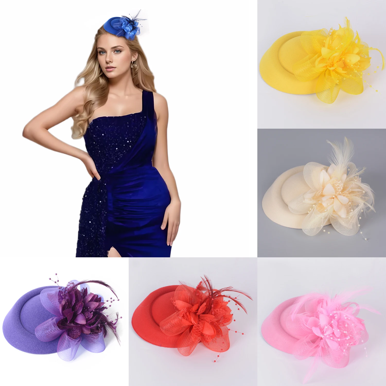 

Handmade Feather Flower Pillbox Hat Hair Clip Accessories Fascinators For Women Girl Church Kentucky Derby Wedding Bridal Dress