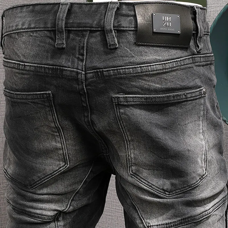 High Street Fashion Men Jeans Retro Black Gray Stretch Slim Fit Spliced Biker Jeans Homme Hip Hop Patched Designer Denim Pants