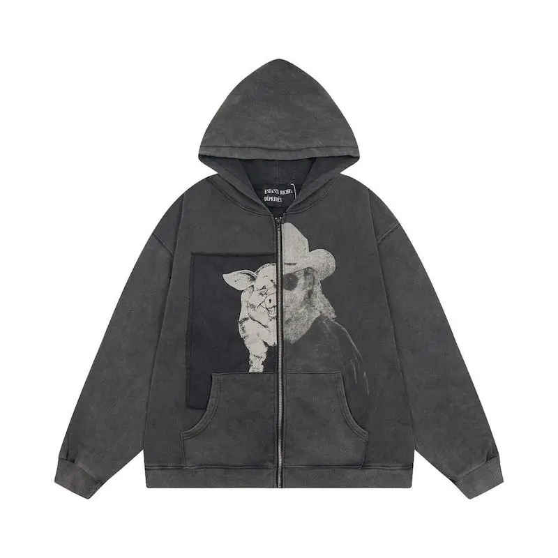 Oversized Hoodies for Women and Men Ins Trendy Zip Up Cardigan Hooded Coats Patchwork Printed Hooded Sweatshirts Jackets Autumn