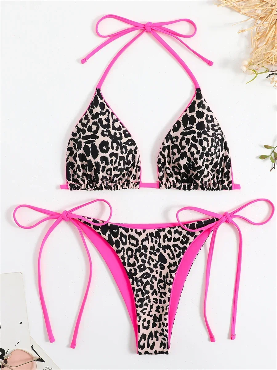 Sexy Micro Bikini 2024 Women Pink Leopard Print Neon Double Side Push Up Swimsuit Brazylijski strój kąpielowy plażowy Stringi Stroje kąpielowe