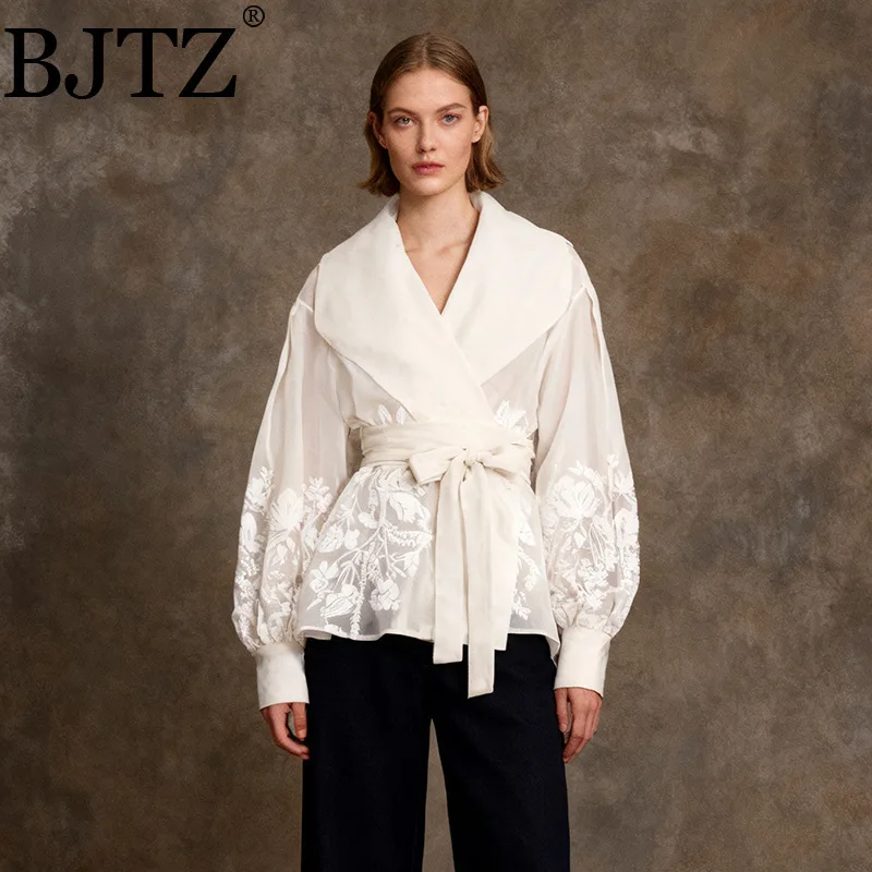 

Элегантная блузка BJTZ с принтом, женская, весенняя, из органзы, с большим отложным воротником, пышными рукавами, завязками на талии, рубашка, новинка 2026, винтажный шик, модный женский топ