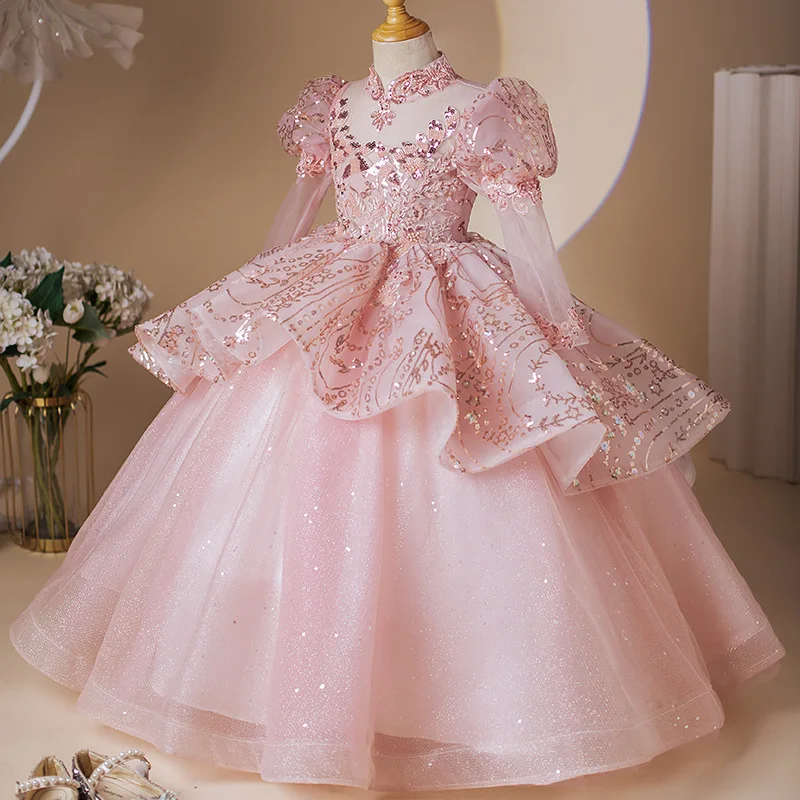 Abito da ballo personalizzato Abiti da ragazza di fiore per bambini Abiti da principessa rosa per bambini Abiti da festa di compleanno formali