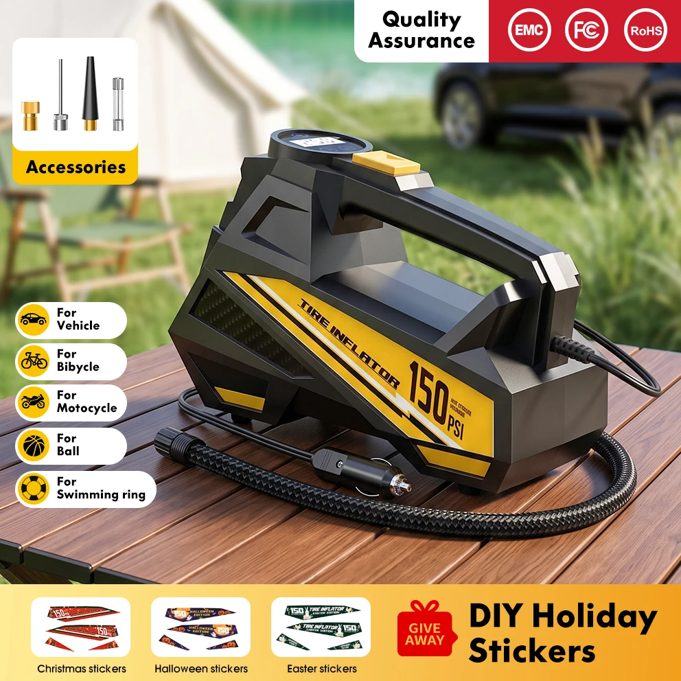 CARSUN 12V Car Tire Inflator 150PSI Portable Air Compressor 100W Fast Inflation Auto Shut-off LED for Car Motorcycle Bicycle CE