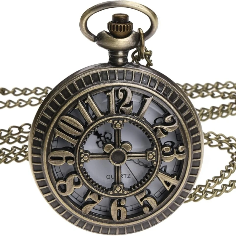 Mini Bronze Hollow Quartz Pocket Watch for Men Women Vintage Exquisite Pocket Clock Arabic Numerals Dial Necklace Watch