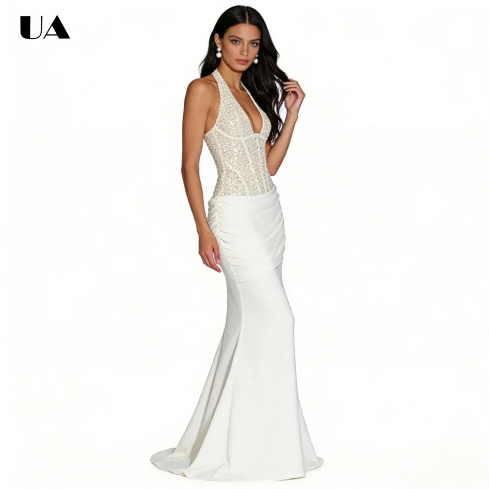 

Fashionable Sequined Mermaid Halter Maxi Prom Dress, Sexy Sleeveless Deep V-neck Long Dress for Woman, Trendy Draped Party Dress