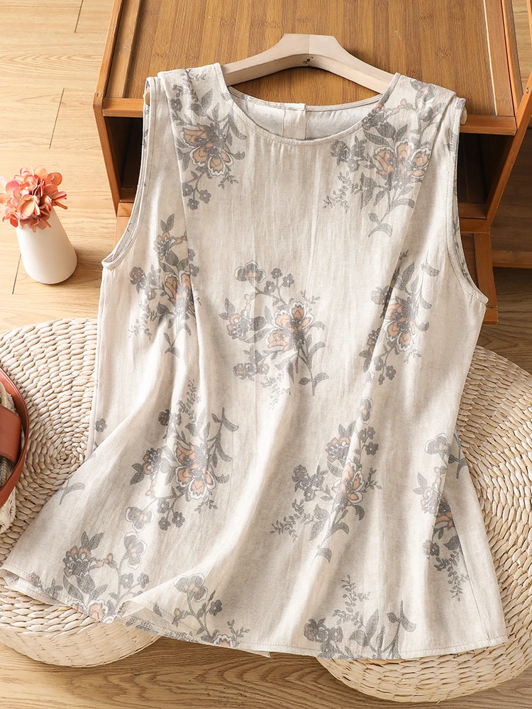 

New Chinese Style Sleeveless Vest Back Button Print Loose Fashionable Shirt Young Style Large Size Women's Casual round Neck Top